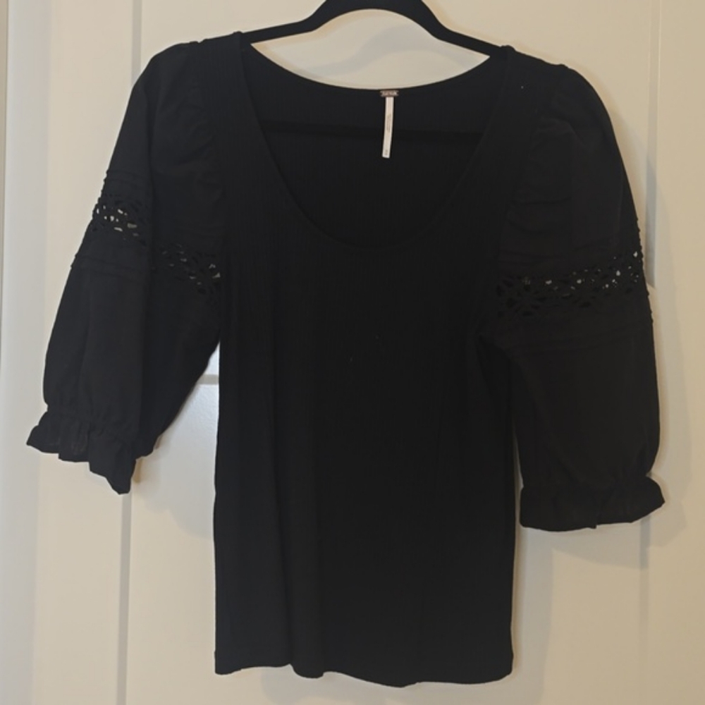 FREE PEOPLE Black Lace T- Shirt Top